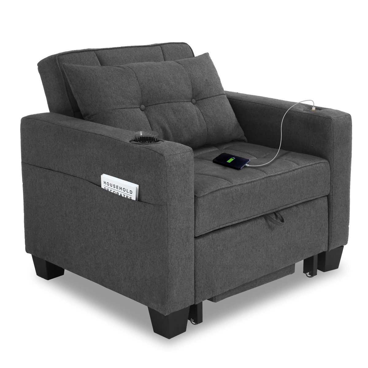 Latitude Run 36.6" Wide Convertible Chair 3-In-1 Pull Out Sleeper Futon Chair Beds with USB