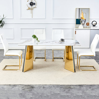 Table et chaise de salle à manger - Pierre frittée froide avec 4 chaises en polyuréthane blanc