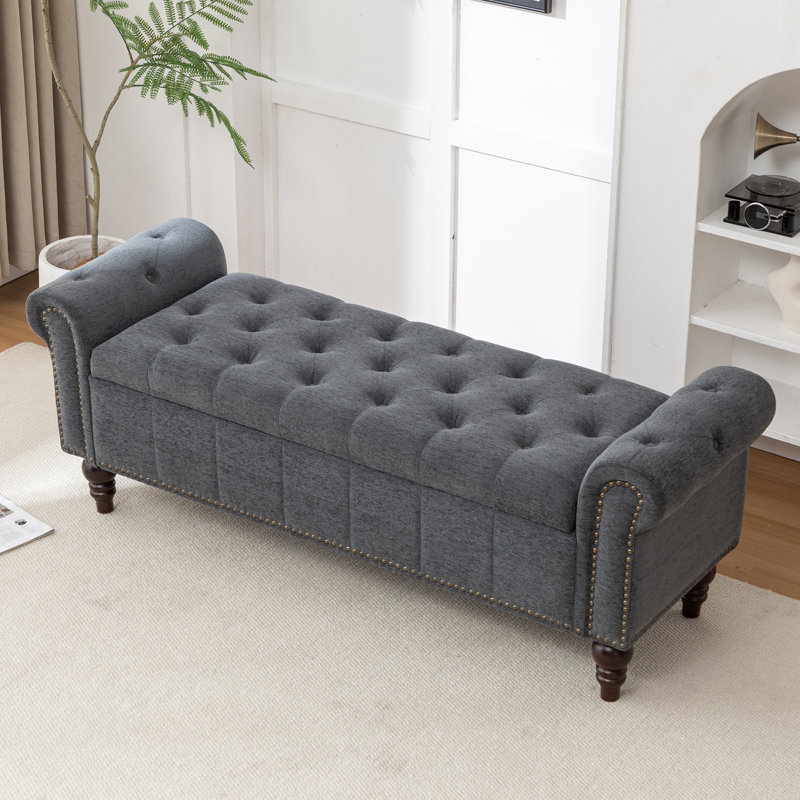 59" Wide Upholstered Bench with Storage Box, Gray