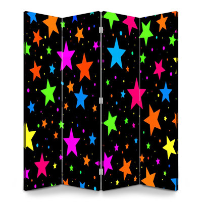 4 Panels Folding Screen Room Divider Royal Bright Neon Stars Black Colorful Geometric Canvas Screen Room Separator Freestanding Protective Wall Divider Privacy Partition