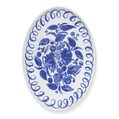 Herman Casiano Oval Serving Tray - White/Blue - 15.7" x 11"