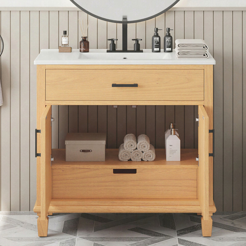 Meuble-lavabo moderne en rotin 36 po - Lavabo en céramique, portes à fermeture douce, 3 tiroirs et pieds en bois massif