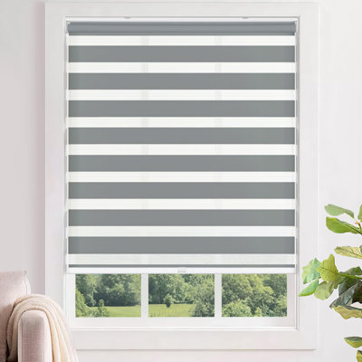  No Tools No Drill Cordless Zebra Blinds for Windows, Dual Layer Light Control for Day and Night, Light Filtering Privacy Roller Blinds and Shades for Home, 42" W x 72" H, Grey