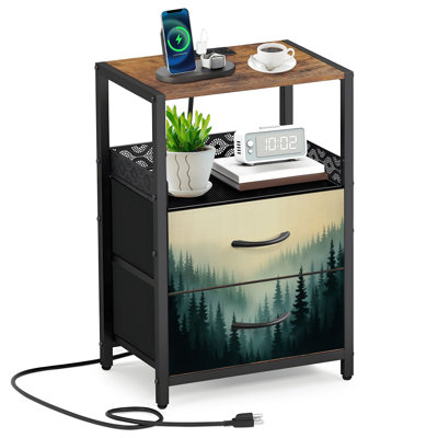 2 Fabric Drawers Night Stand with Charging Station Misty Pine Forest Landscape Fog Evergreen Trees Bedroom Bedside Table End Table with Open Shelf USB Ports and Outlets