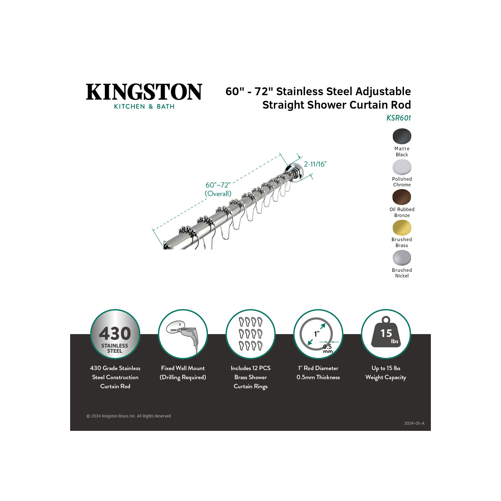Kingston Brass Edenscape 60-Inch to 72-Inch Adjustable Shower Curtain Rod with Rings Combo, Brushed Nickel