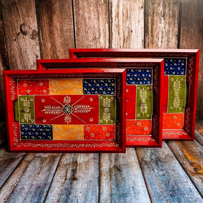  Hand-Painted Wooden Serving Tray Set of 3, Antique Red | HandCrafted Embossed Rectangular Wooden Decorative Trays for Home Decor/Living Room/Kitchen/Coffee & Dining Table, Gift-Ready