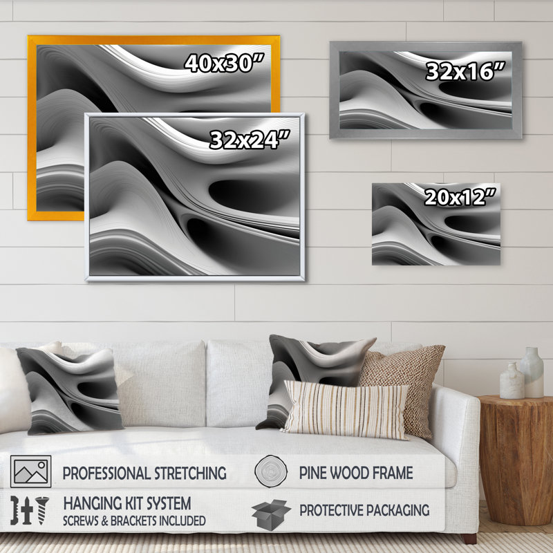 Blanc noir infini ondulations - art mural abstrait vagues modernes pour le salon, Cadre simple noir