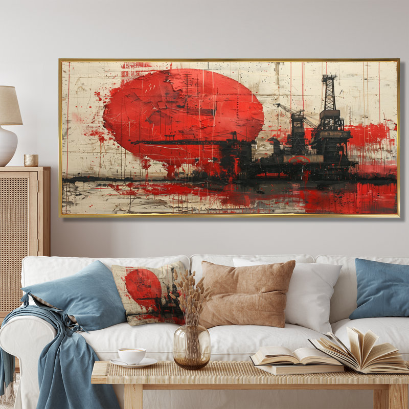 Impression d'art mural rouge noir et pétrochimie, Toile avec cadre flottant or, H 28 po x l 60 po x P 1,5 po
