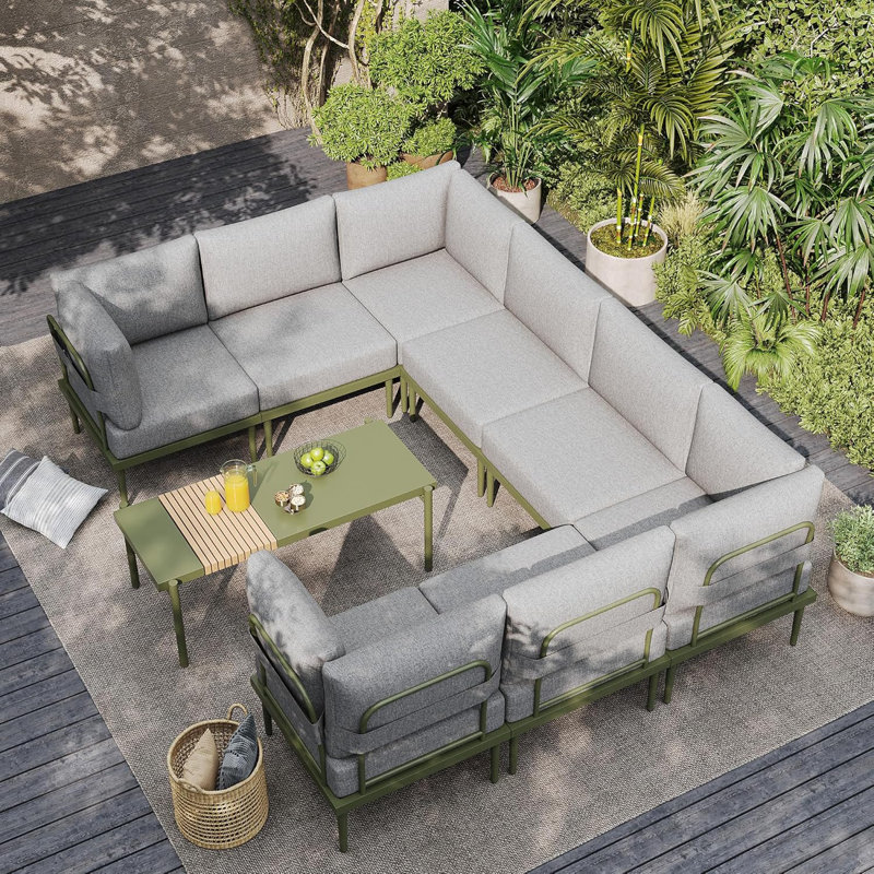 9 Pieces Metal Patio Furniture Sets, Outdoor Sectional Sofa Set With 6-inch Olefin Cushion, Outdoor Furniture Set For Balcony, Patio & Courtyard, Green