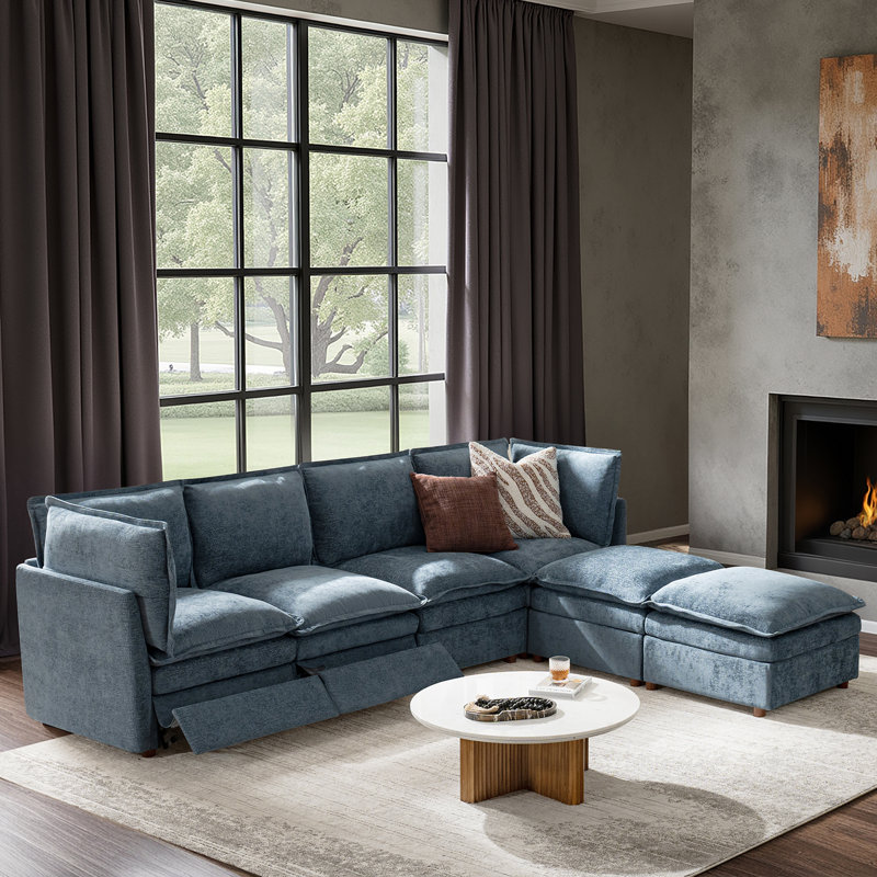 Cashin 127.5“ Modern Oversized Double-Layer Cushion Storage Sectional Sofa with Extendable Foot Pedal, Blue Polyester