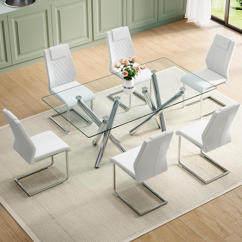 Ensemble de table de salle à manger moderne, table de salle à manger en verre de 71 pouces avec chaises chromées, table de cuisine et chaises