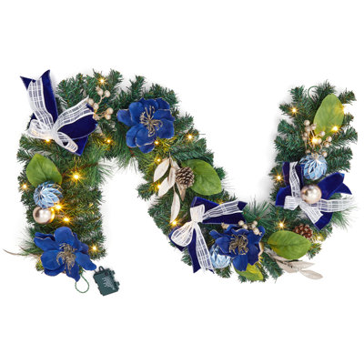 Guirlande de Noël 6 pi avec lumières et ornements boule bleue pour rampe de foyer