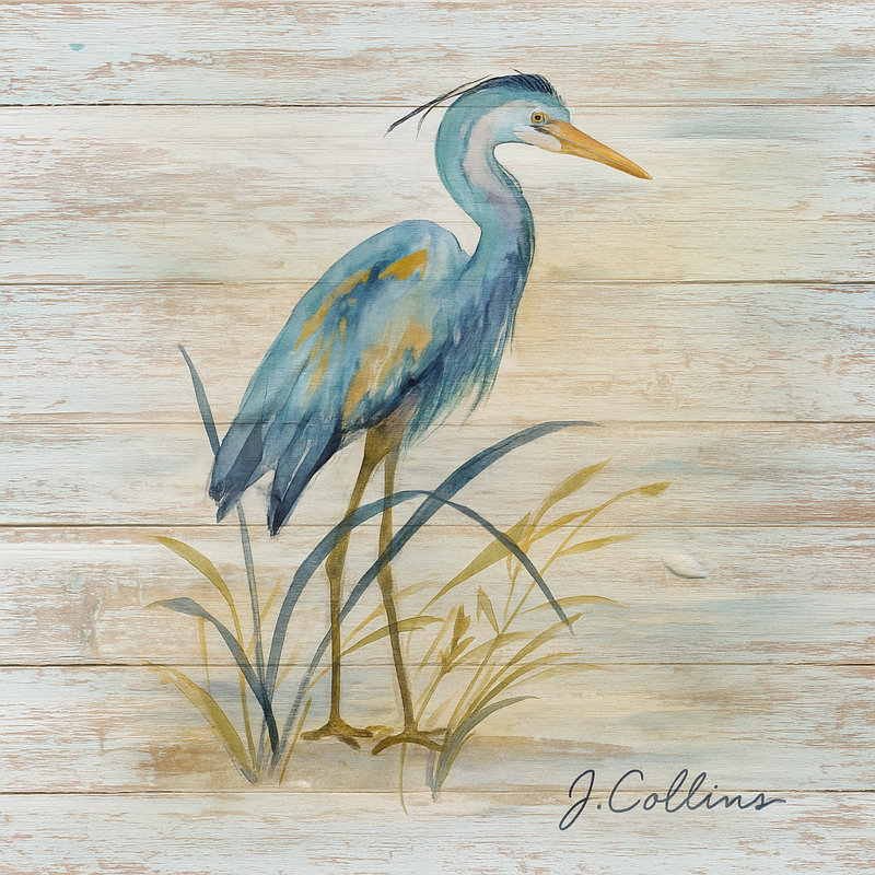 «Rustic Blue Heron» sur toile, bois vieilli, H 20 po x l 20 po