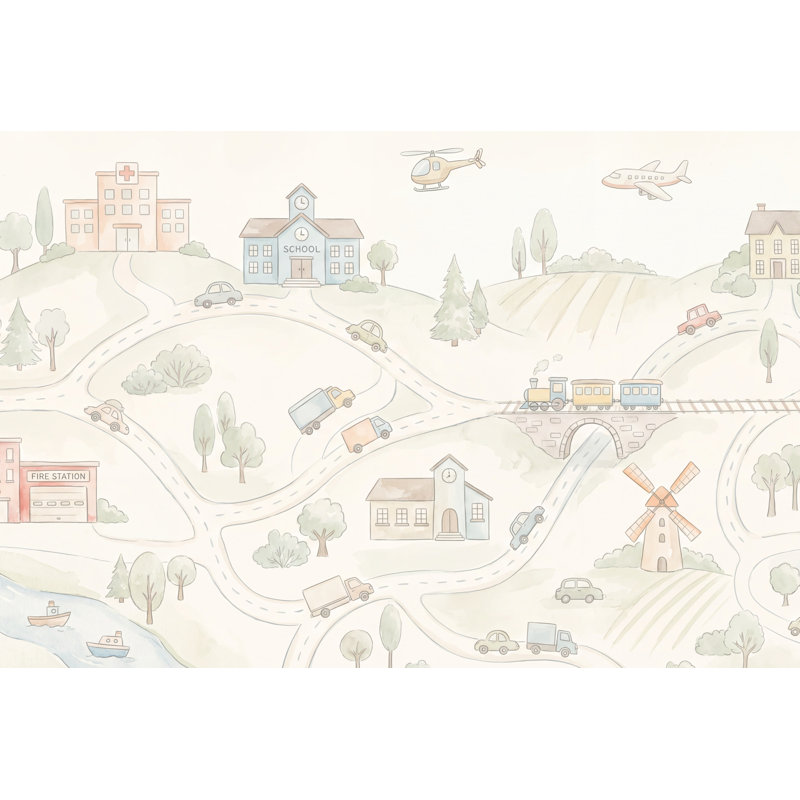 Papier peint paysage Illustration villageoise, 160 po x 108 po, Peler et coller