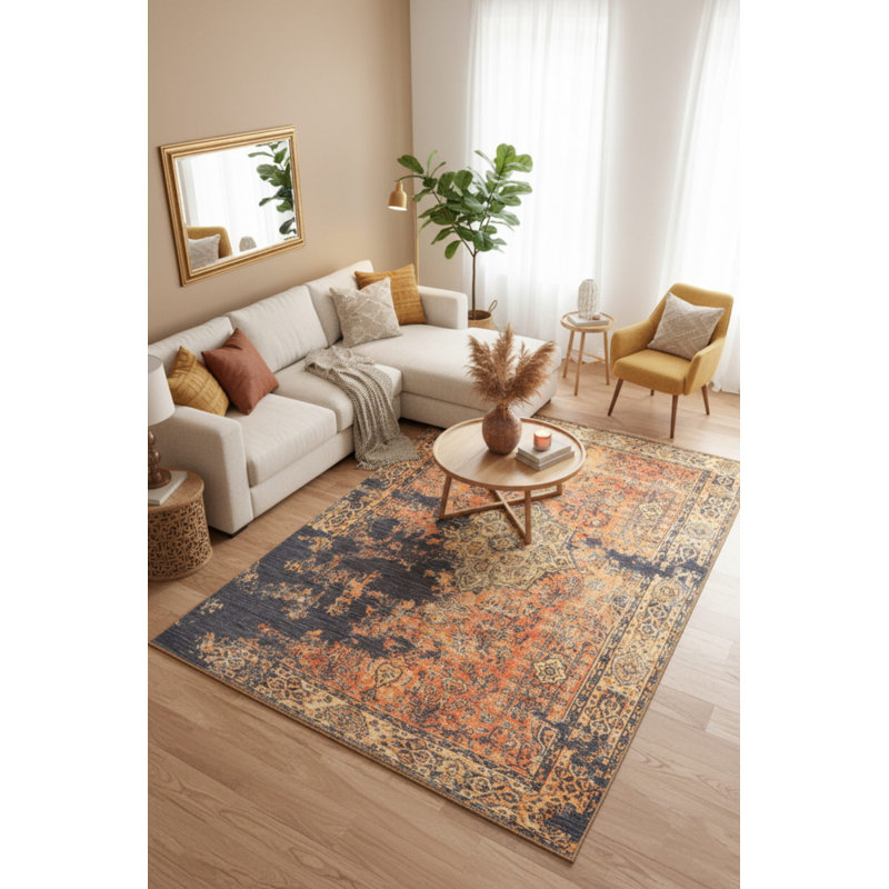 Tapis décoratif jaune à motif tissé rétro, Rectangle 4 pi 8 po x 6 pi 3 po