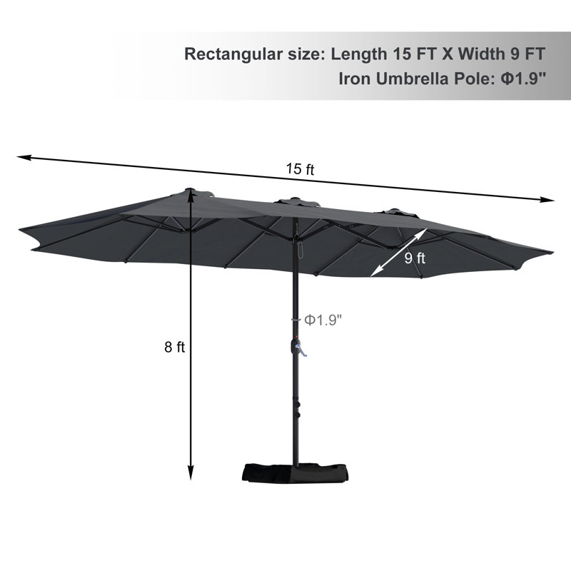 15 Ft Dark Gray Steel Market Patio Umbrella with Base