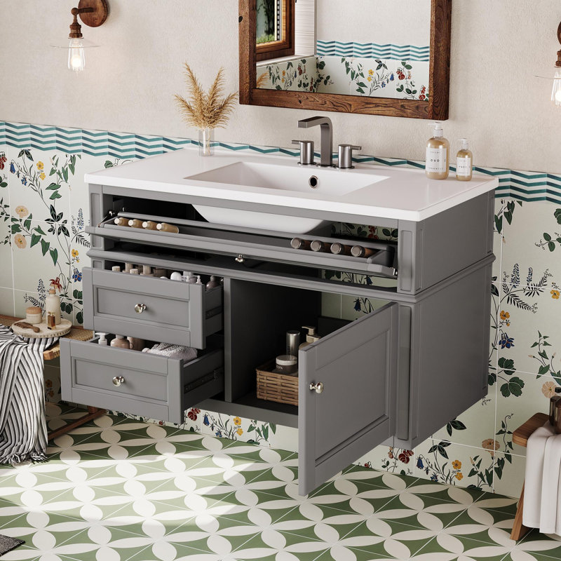 Meuble-lavabo mural 36 po avec lavabo mural 36 po, 3 tiroirs et portes à fermeture en douceur, Gris