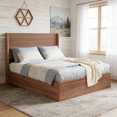 Structure de lit avec rangement à plateforme en bois naturel rustique brun ondulé, sans sommier, sans bruit