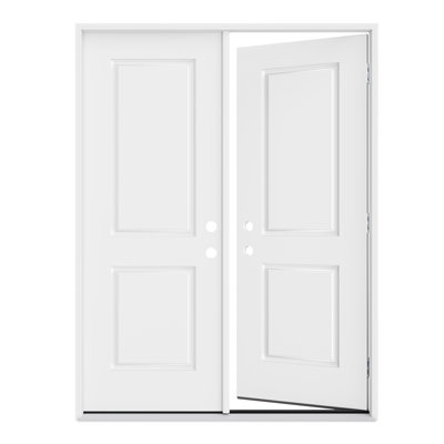 Porte d'entrée extérieure en fibre de verre 64 po x 80 po (2 x 32 po x 80 po), apprêtée blanche, porte française à 2 panneaux avec chambranle, design classique et style moderne, grande durabilité, ouverture vers l'intérieur à droite (quincaillerie non incluse)
