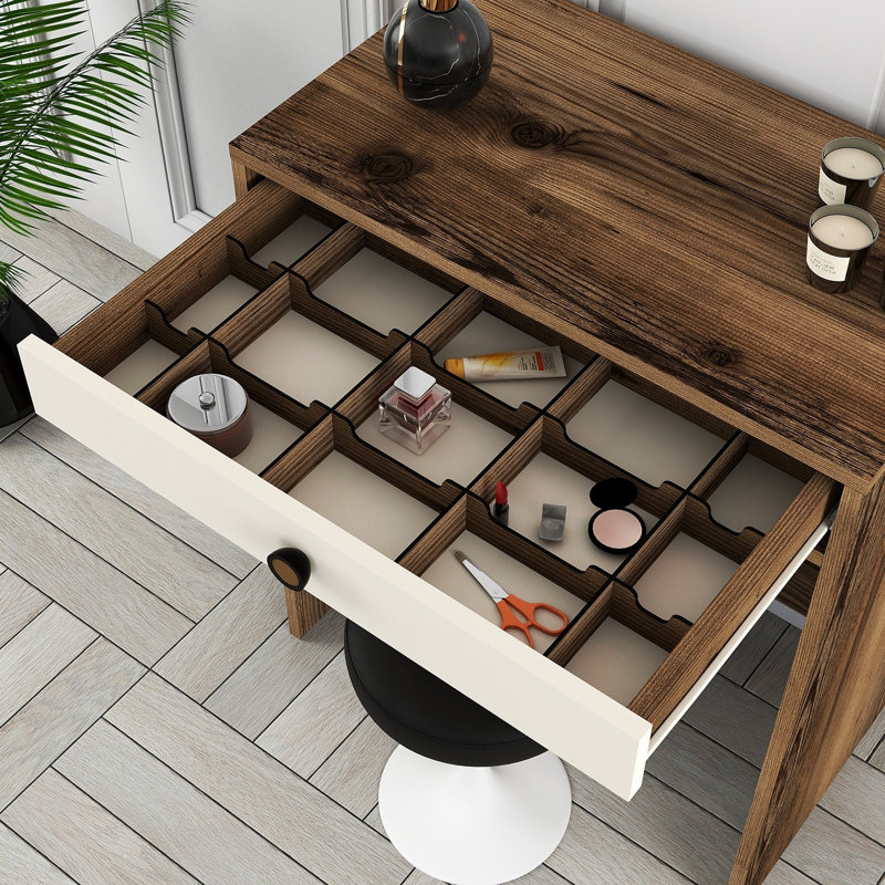 Modern Make-Up Table with Mirror, Walnut & Cream, 27.6 x 15.7 x 33.3 inches | 100% Melamine Coated Particle Board, Thickness: 0.7 inches | Stylish Design for Home & Beauty Spaces, Functional & Elegant