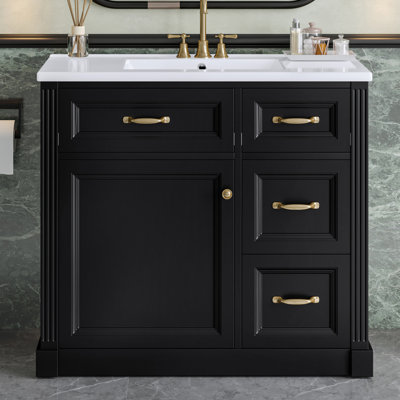 Meuble-lavabo de 36 pouces avec lavabo, armoire avec 4 tiroirs, porte à fermeture en douceur et tablette réglable, lavabo en céramique, meuble-lavabo moderne pour l'organisation de la salle de bain, finition noire