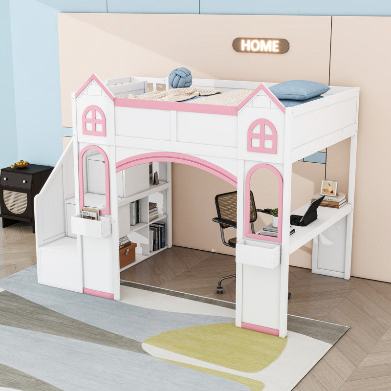 Lit mezzanine avec escalier de rangement, bureau, lumières DEL, fenêtres et tablettes, Blanc / Rose pâle