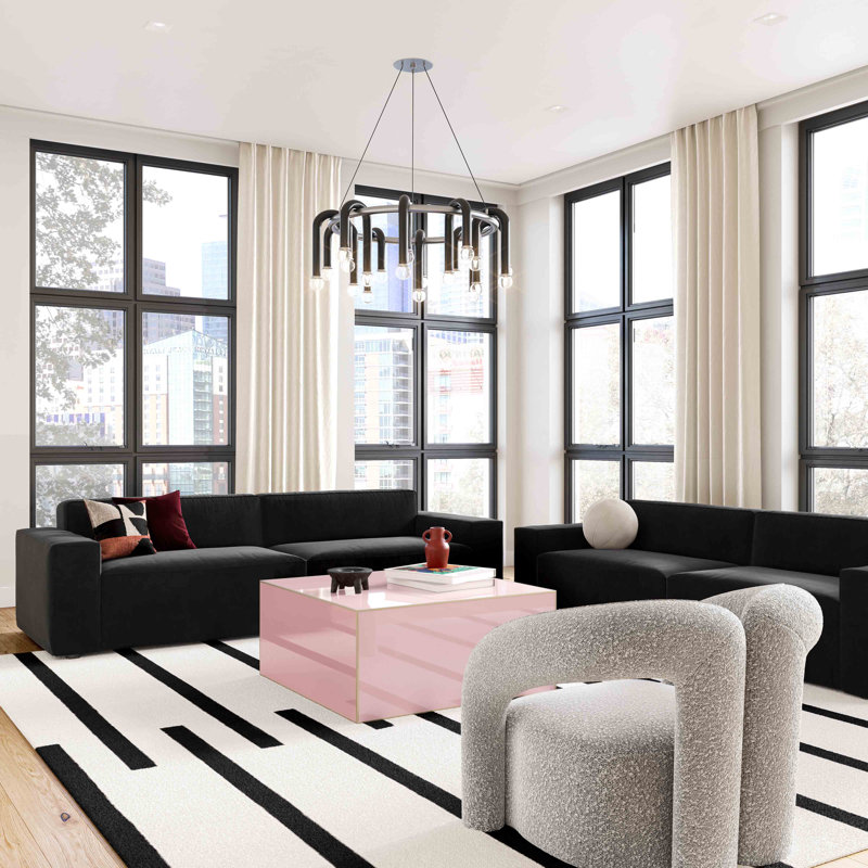 Pink Glass and Wood Square Coffee Table with Gold Borders