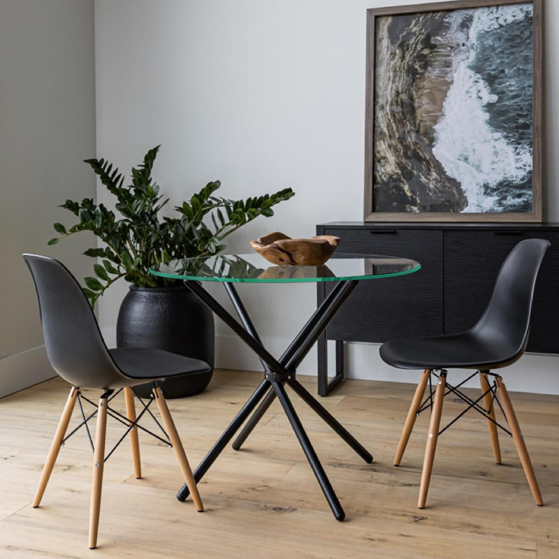 Wrought Studio™ Flat Round Hydra Breakfast Table, Clear 1/2" Thick Glass Dining Table Round with Base, Glass Kitchen Table, Elegant Dining Table for Dining Room