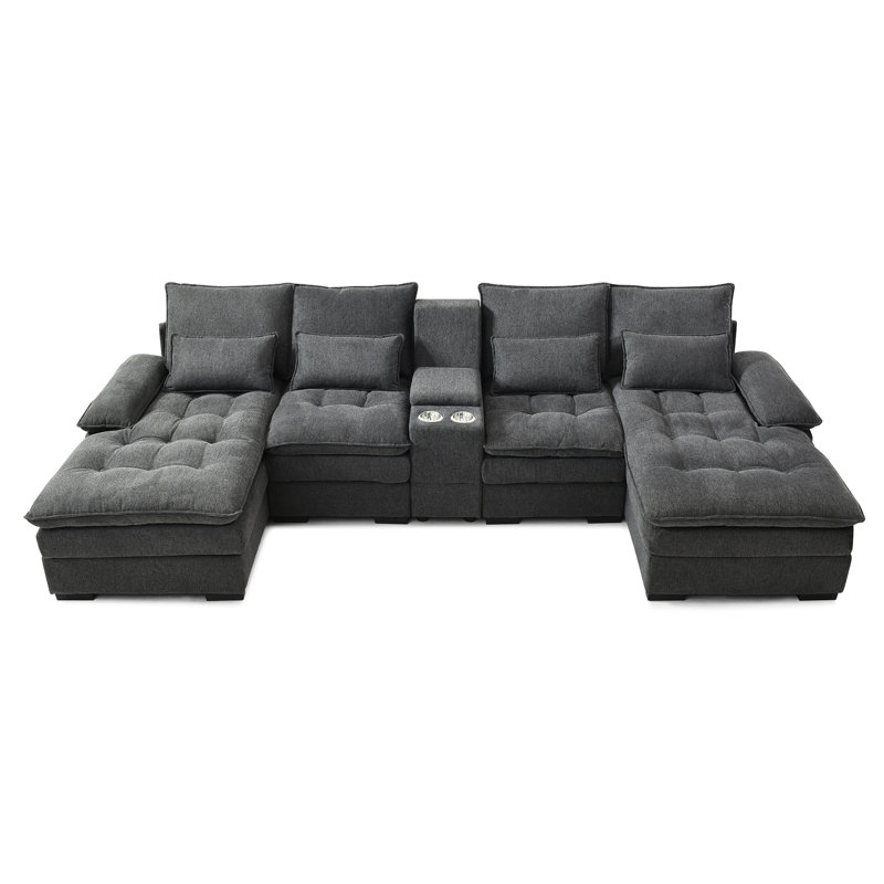Canapé-lit de 130 po en forme de U pour 6 personnes avec coussins à double couche, console, porte-gobelets, tissu en lin gris pour la profondeur de l'espace de vie principal, console et configuration de la pièce rembourrée