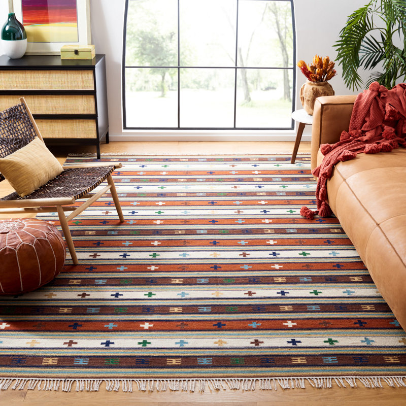 Provins Flat Weave Wool/Cotton Southwestern Rug in Ivory/Rust, Rectangle 5' x 8'