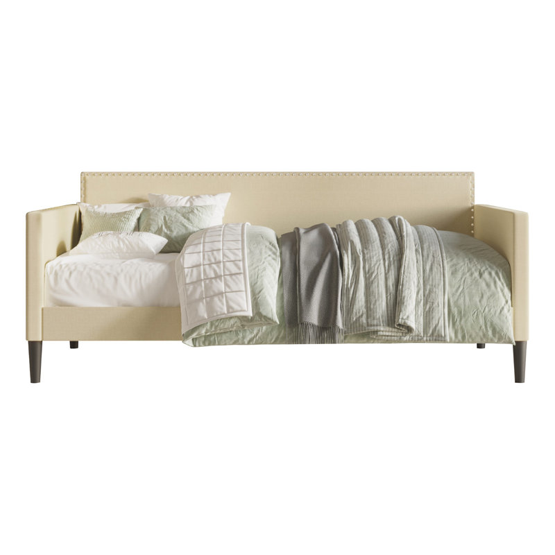 Beige Upholstered Twin Daybed with Nailhead Trim