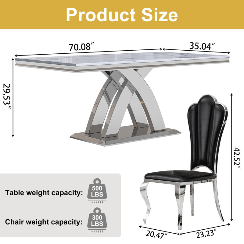 Ensemble de salle à manger rectangulaire en marbre de 7, plateau en faux marbre et base en acier inoxydable en forme de X avec 6 chaises en cuir luxueuses