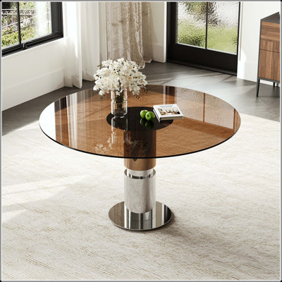 35" Round Glass Dining Table with Stainless Steel Legs