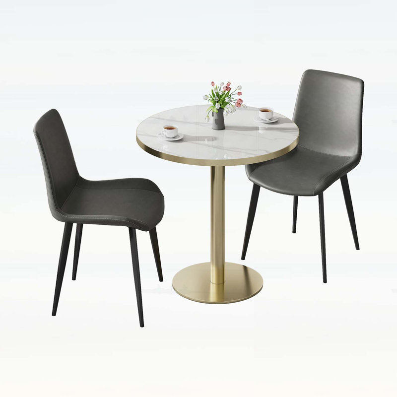Table de salle à manger élégante avec plateau en faux marbre, structure en métal robuste, White+Grey+Gold