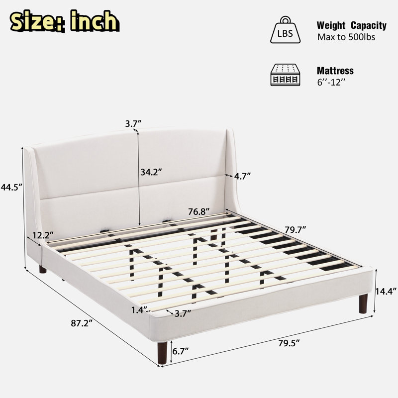 Upholstered Platform Bed With Wingback Headboard And Retro Leg Design