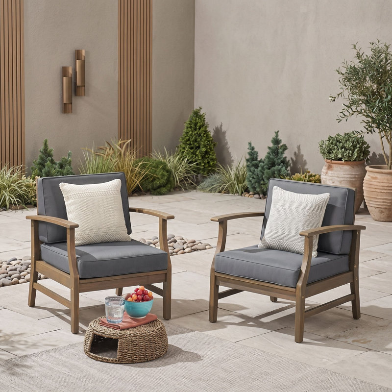 Ensemble de 2 fauteuils club d'extérieur en bois d'acacia avec coussins résistants à l'eau et panneau à lattes, Gris foncé