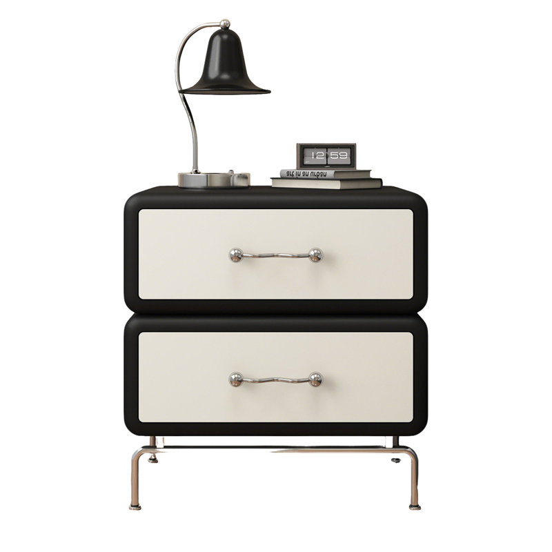 Table de chevet à deux tiroirs couleur noir et blanc H 22,83 po x l 15,75 po, entièrement fabriquée en bois de pin massif avec revêtement en cuir