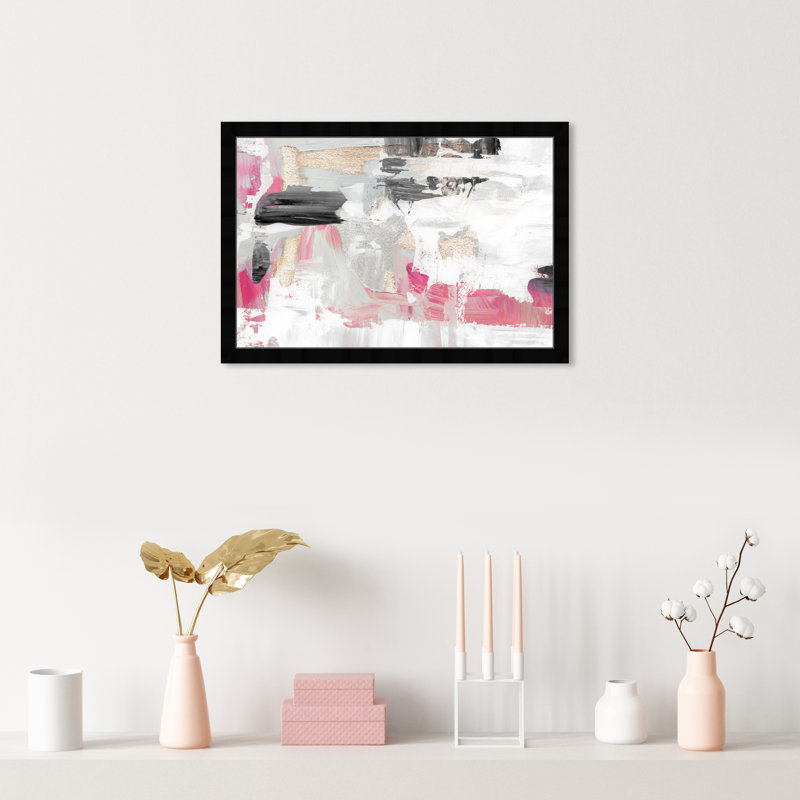 Art abstrait encadré rose moderne pour la salle de bain - Cadre photo sur papier, H 18 po x l 26 po, Noir