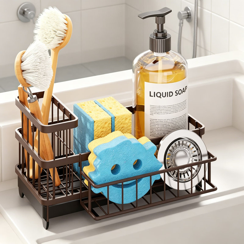 Porte-éponge pour évier de cuisine avec bec à vidange automatique, support de rangement amovible, porte-brosse, organisateur de chariot d'évier en acier inoxydable pour comptoir, aucune installation d'outils
