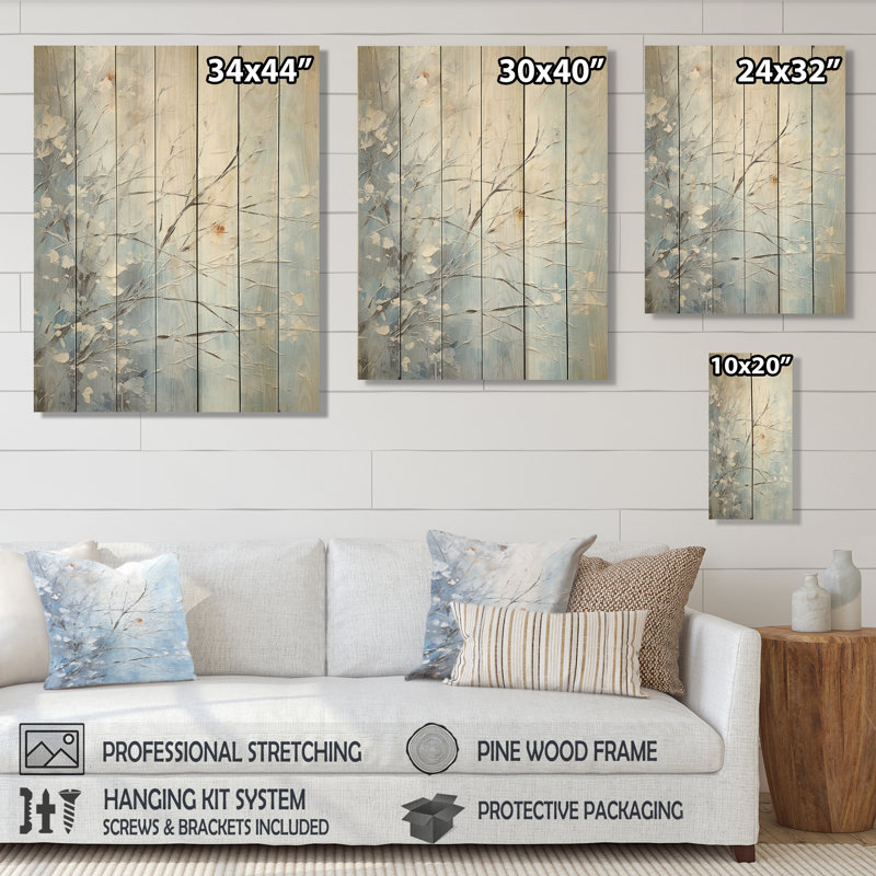«White Winter Tree Tranquility I - Winter Landscape on Wood Print», H 44 po x l 34 po