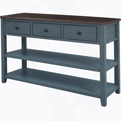 Retro Design Console Table With Two Open Shelves, Pine Solid Wood Frame And Legs For Living Room (Navy)