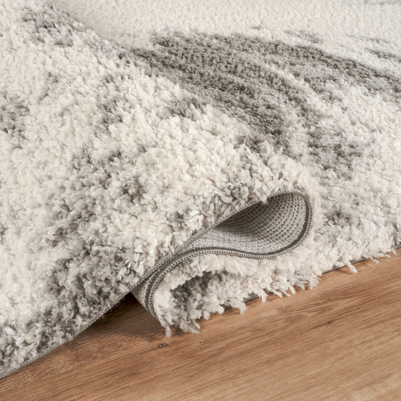 Serene Ivory & Gray Abstract Shag Modern Rug, Ivory/Gray, 2'6" x 8'0"