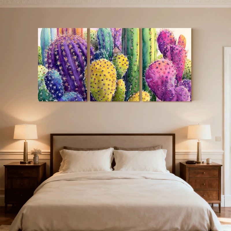 Plantes et fleurs, cactus coloré, ensemble de 3 impressions sur toile, H 18 po x l 36 po