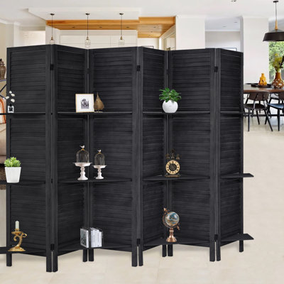 Genoveva 6 Panels Wood Room Divider with Shelves Folding Privacy Screen Partition Wall for Home Office