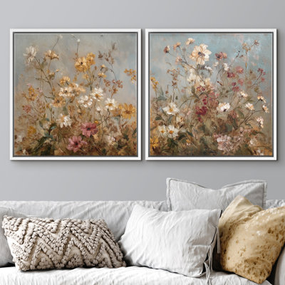 Warm Rustic Daisy and Meadow Flower Botanical Wall Decor Framed Master Bedroom Wall Art Work 2 Pieces Print