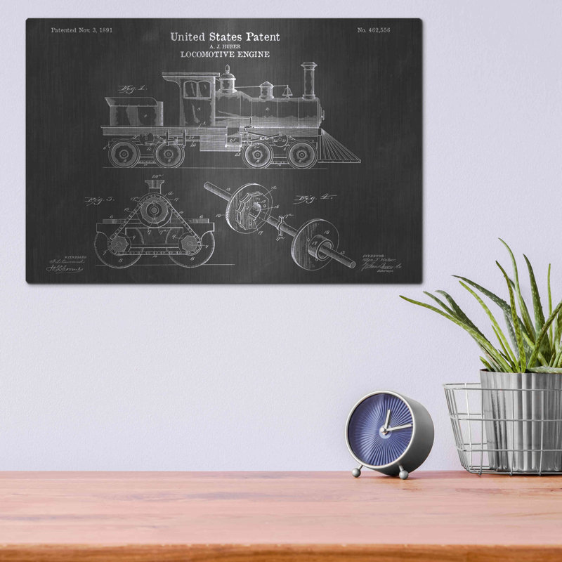 «Locomotive Engine Blueprint Vernis Chalkboard», art mural en métal, H 12 po x l 16 po
