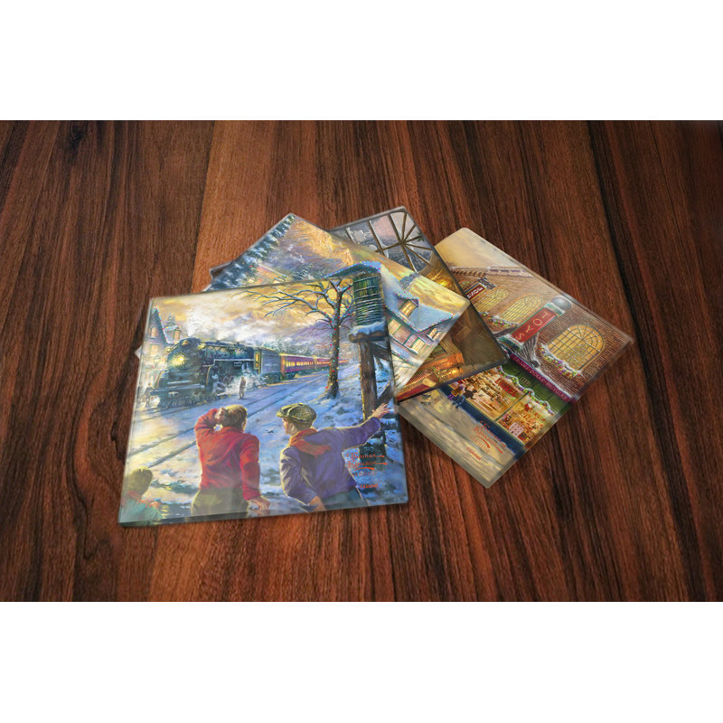 (Symboles) Ensemble de sous-verres en verre Starfire, Thomas Kinkade / Lionel Train Noël