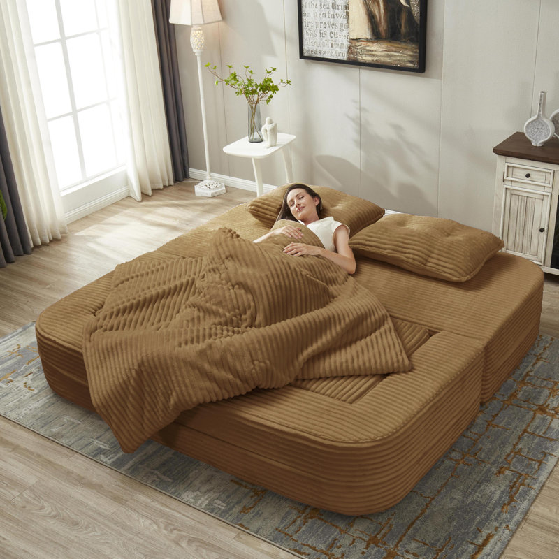 Canapé-lit modulaire multifonctionnel avec méridienne indépendante et couverture convertible, revêtement en velours côtelé moelleux