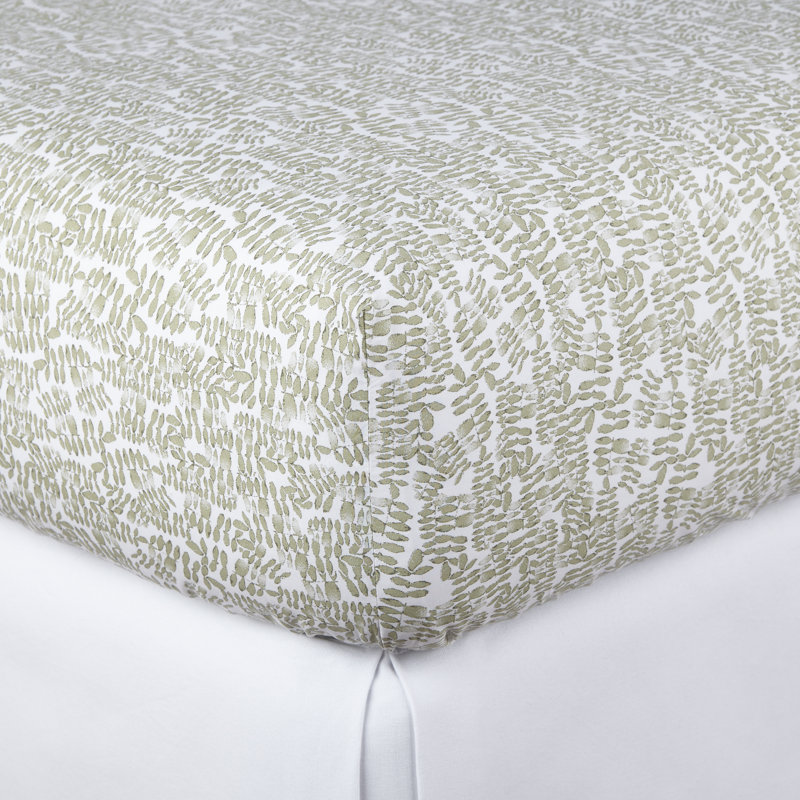 Fern 200 Thread Count Geometric 100% Cotton Percale Fitted Sheet, Olive, Queen Fitted Sheet