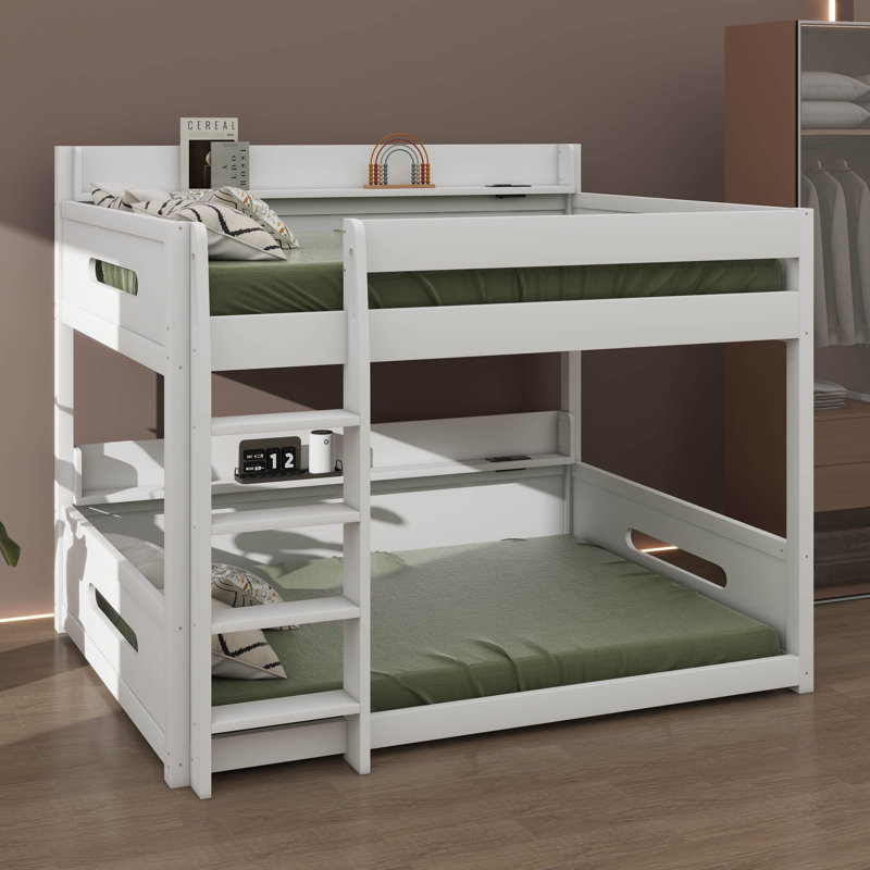 Lit superposé grand sur grand avec tablettes de rangement et ports de charge USB, Blanc